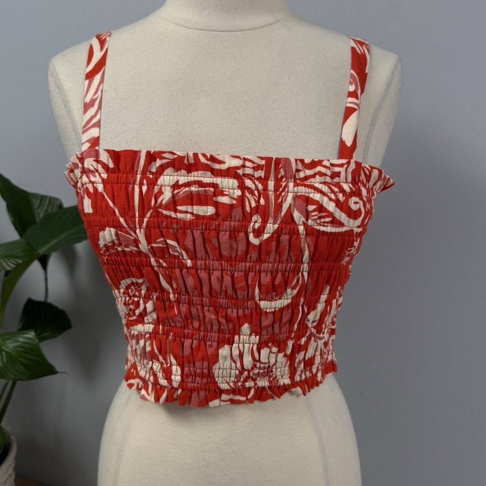 NWT Paper Heart Linen Blend Smocked Crop Top L Red Floral Boho Festival Romantic